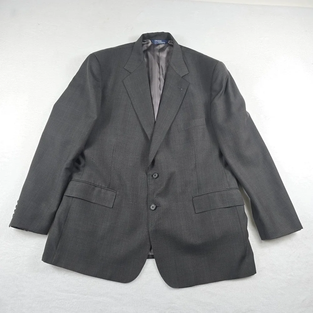 Polo Ralph Lauren Vintage 46R Gray Plaid Suit Jacket Sport Coat Blazer USA‎ Made